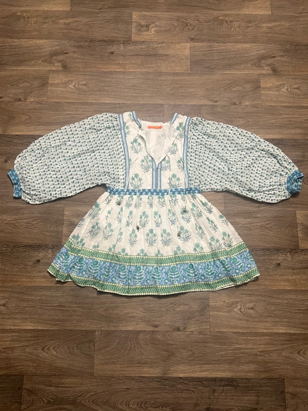 Oliphant Balloon Sleeve Dress Size Large White Blue Green
